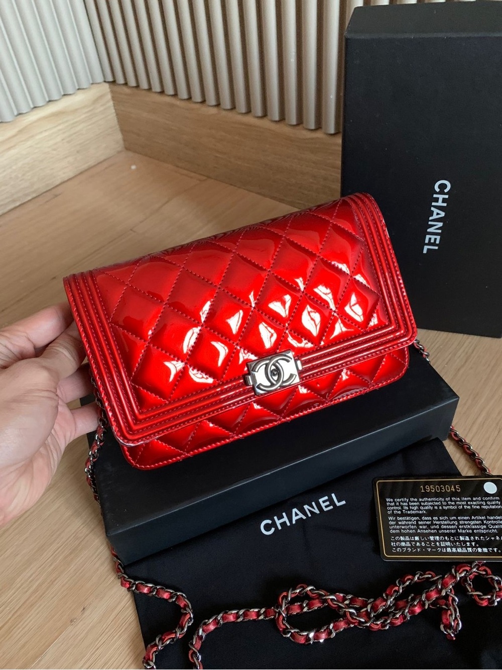 CHANEL Red Patent Quilted Wallet-On-Chain Crossbody Bag